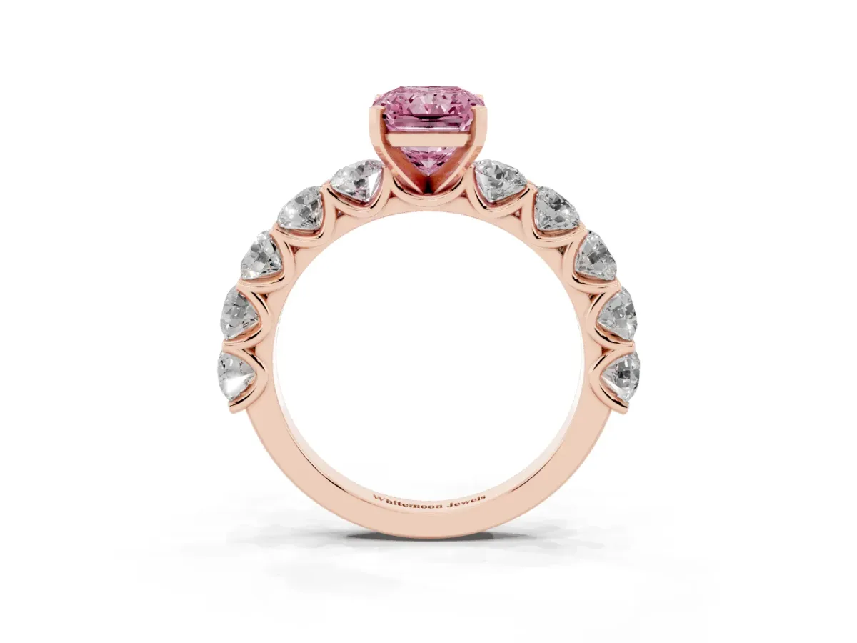 Fancy Pink Radiant Cut Diamond Prong Setting with Side Stones on a Pave Band Rose gold