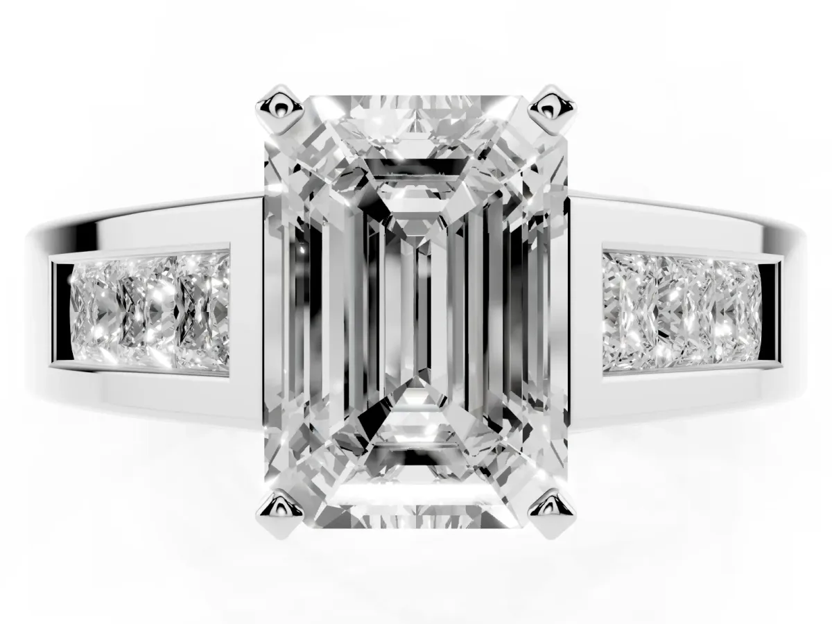 Emerald Cut Cut Channel Set Solitaire Ring with Four-Prong Setting Silver