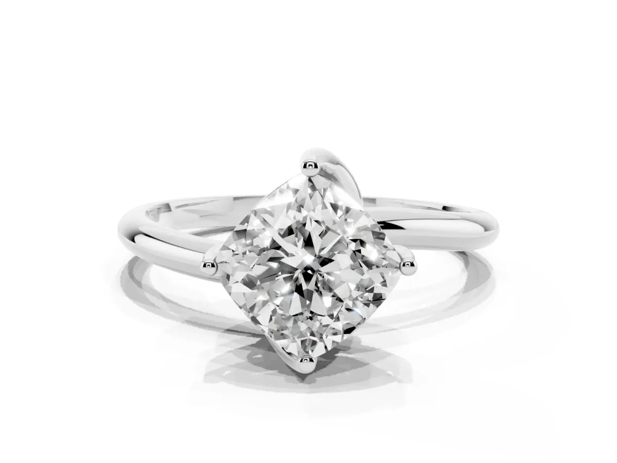 Cushion Cut Diamond Solitaire Engagement Ring with Four-Prong Setting and Classic Band Silver