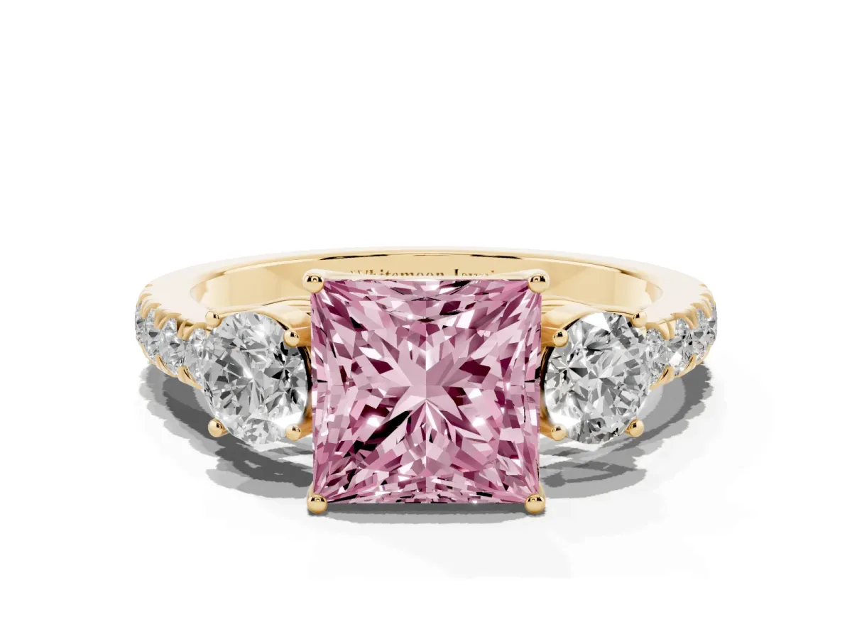 Fancy Pink Princess Cut Cut Diamond Three-Stone Ring with Round Side Stones and Pavé Band Yellow gold