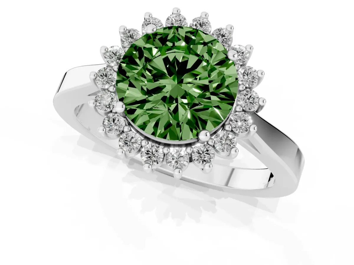 Fancy Green Round Cut Cut Diamond Halo Ring with Round Brilliant Halo and Solitaire Band Platinum