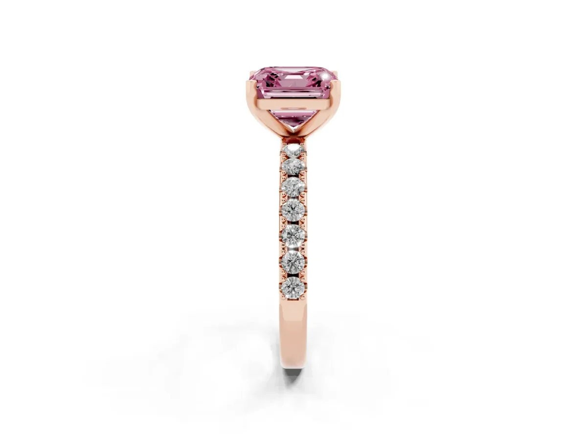 Fancy Pink Asscher Cut Diamond Solitaire Pavé Band with Four-Prong Setting Rose gold