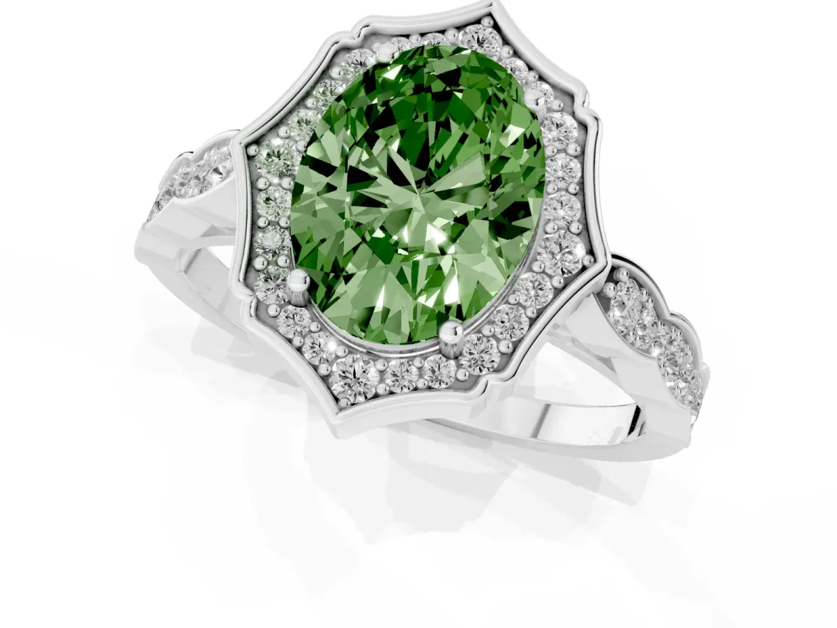 Fancy Green Oval Cut Halo Diamond Engagement Ring with Milgrain Band and Four-Prong Setting Platinum