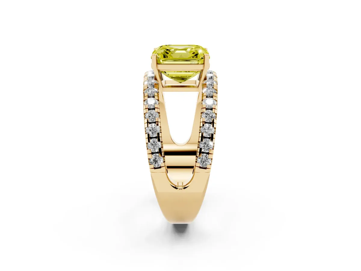 Fancy Yellow Asscher Cut Solitaire Split Shank Pave Diamond Ring Yellow gold