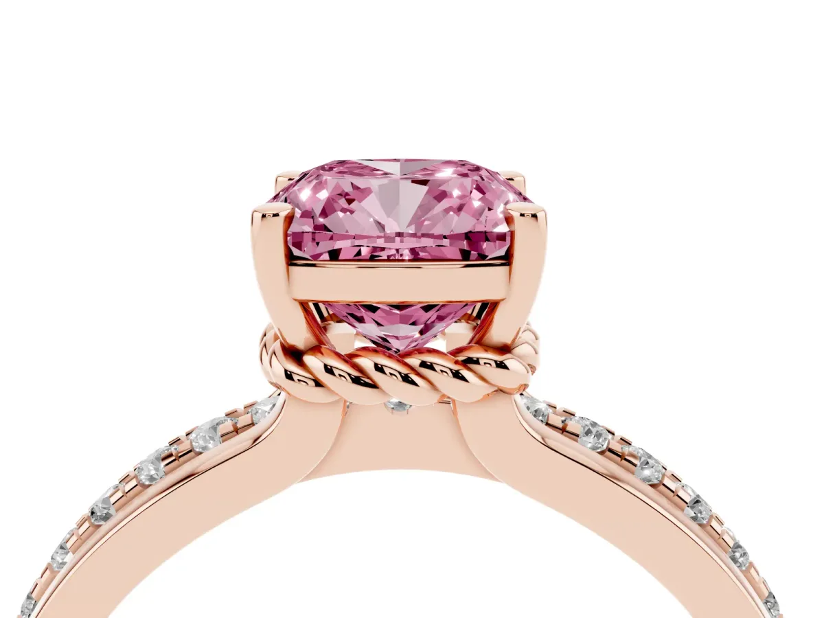 Fancy Pink Cushion Cut Solitaire Diamond Ring with Channel Set Band and Six-Prong Setting Rose gold