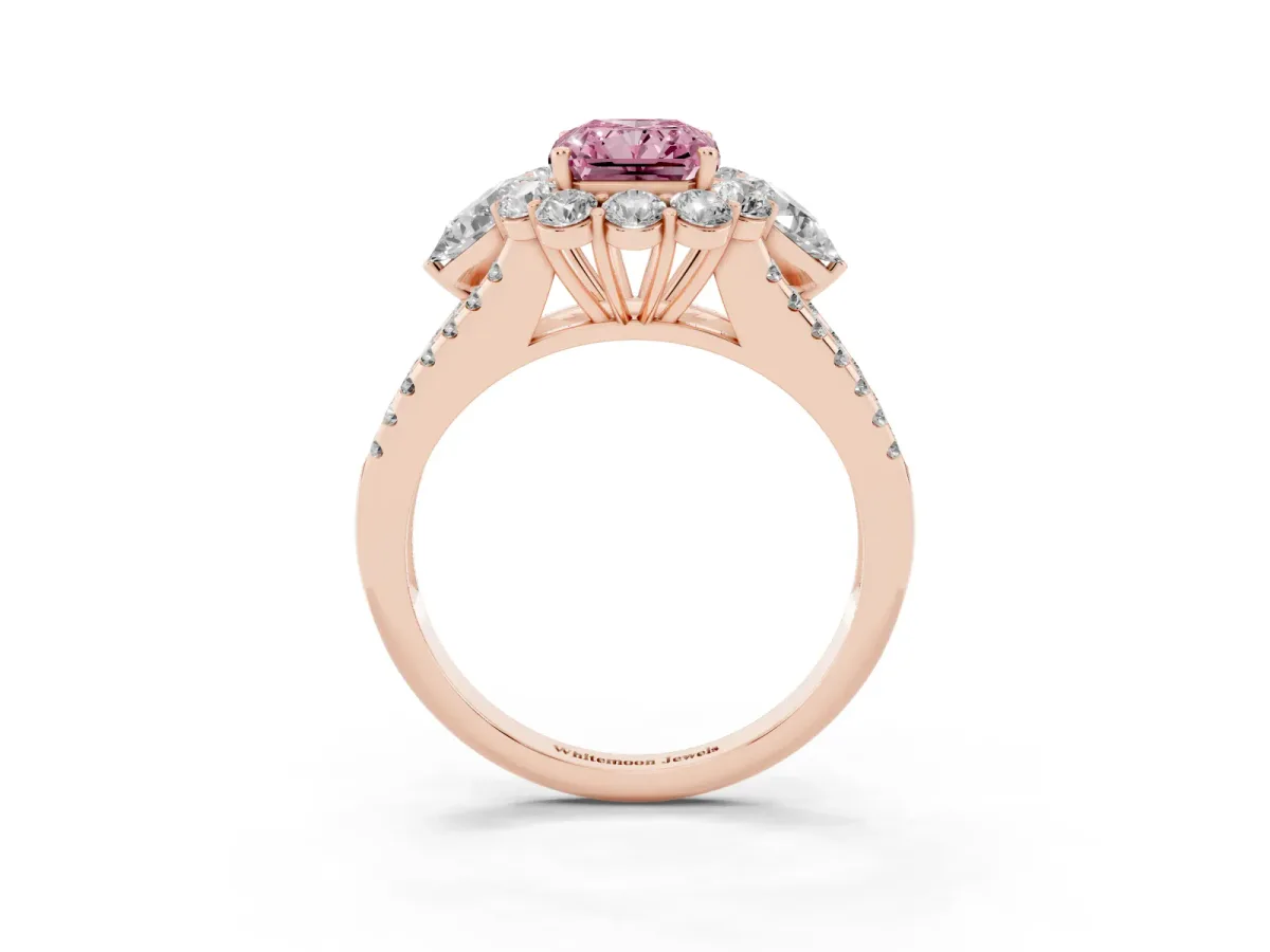 Fancy Pink Radiant Cut Halo Split Shank Diamond Engagement Ring with Prong Setting Rose gold