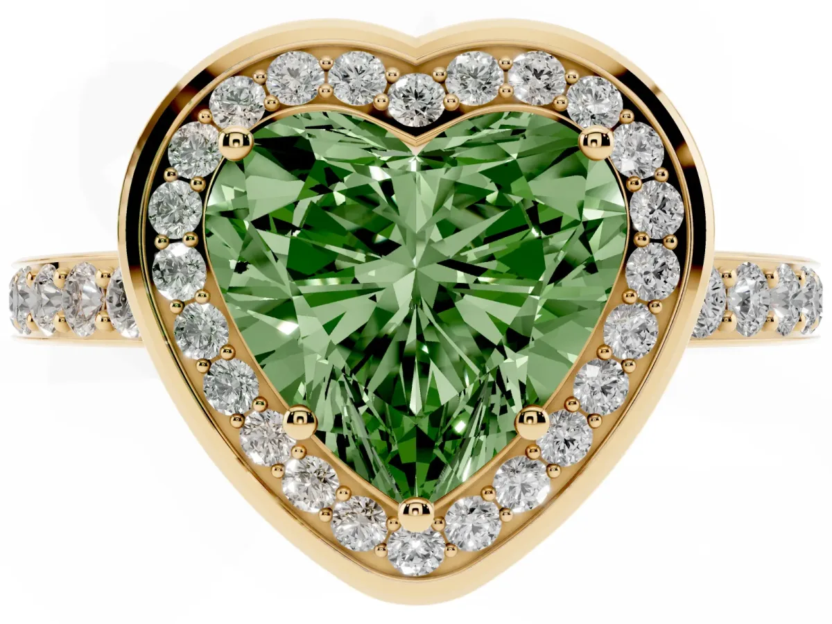 Fancy Green Heart Cut Diamond Halo Ring with Bezel Frame and Pavé Band Yellow gold