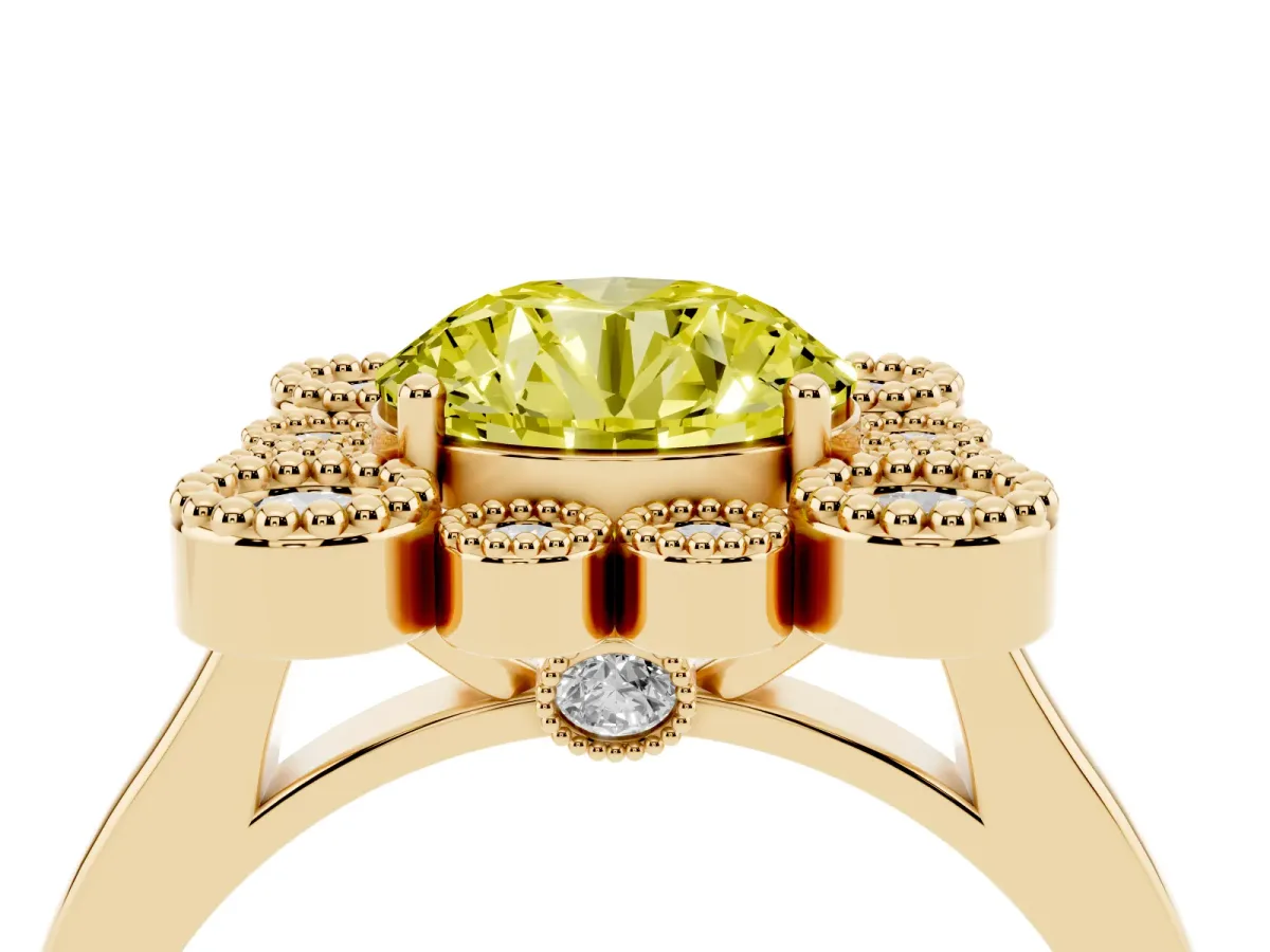 Fancy Yellow Round Cut Halo Diamond Cluster Engagement Ring with Milgrain Bezel Setting and Solitaire Band Yellow gold