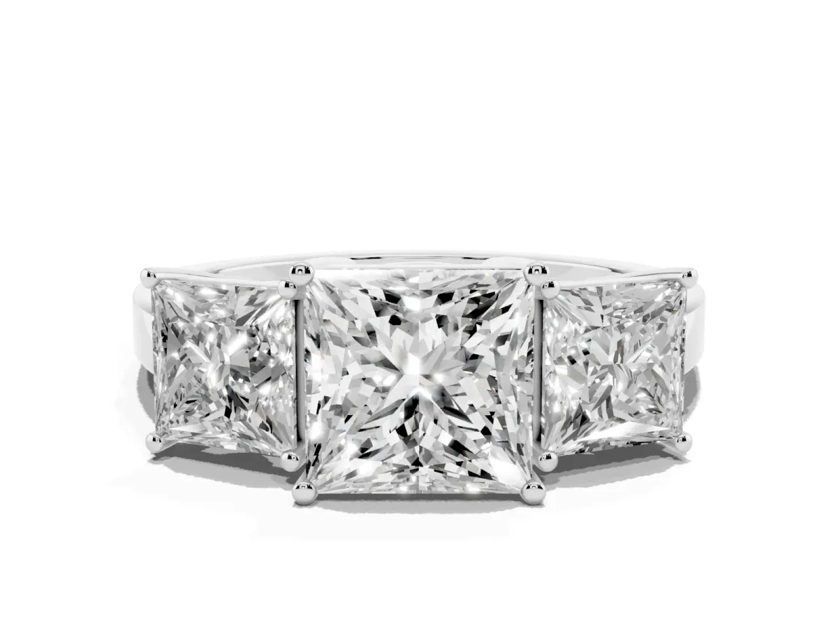 Three-Stone Princess Cut Cut Diamond Engagement Ring with Flat Band and Four-Prong Setting Silver