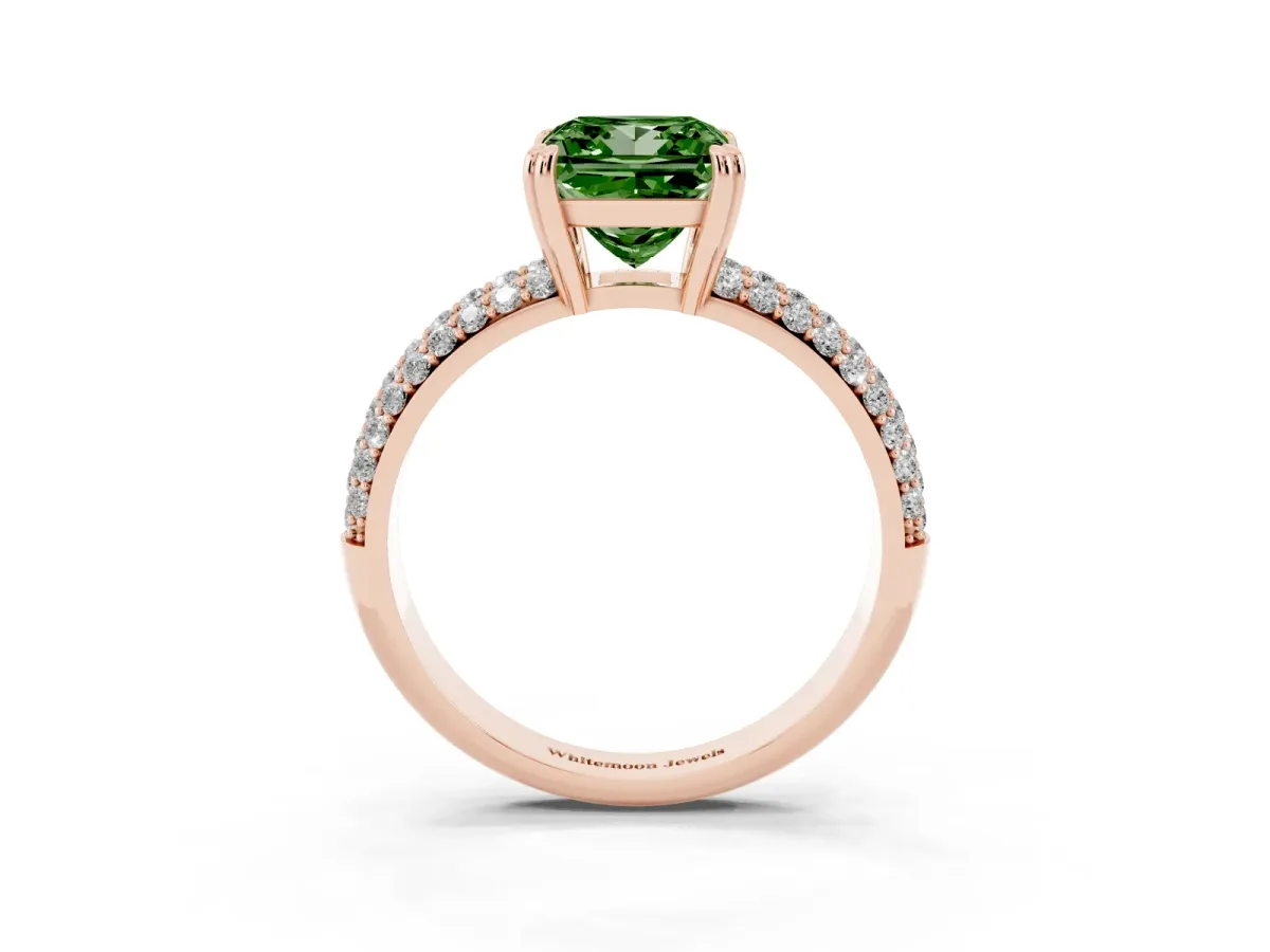Fancy Green Princess Cut Diamond Solitaire Ring with Multi-Row Round Pavé Band and Prong Setting Rose gold