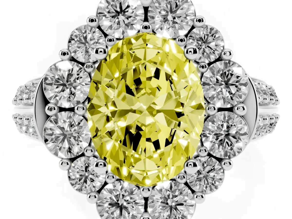 Fancy Yellow Oval Cut Halo Diamond Engagement Ring with Split Shank and Prong Setting Silver