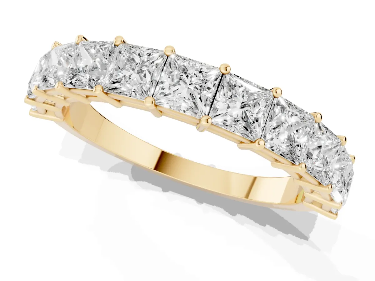 Princess Cut Half Eternity Band with Shared Prong Setting Yellow gold
