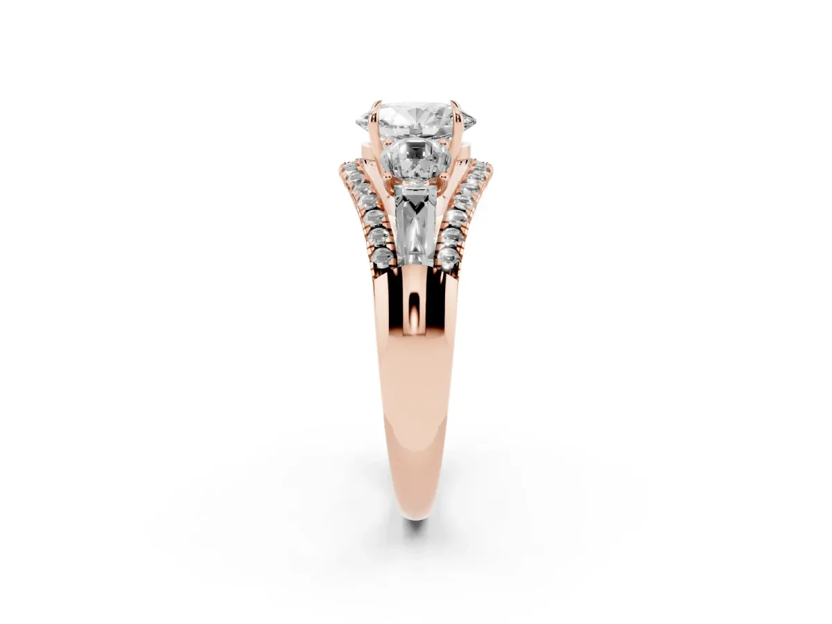 Three-Stone Oval Cut Diamond Engagement Ring with Pave Band and Prong Setting Rose gold