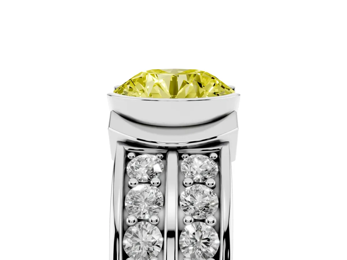 Fancy Yellow Round Cut Brilliant Diamond Channel Set Wide Band Ring with Bezel Setting White gold