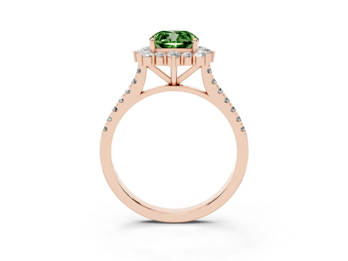 Fancy Green Cushion Cut Halo Diamond Ring with Pavé Band and Prong Setting Rose gold