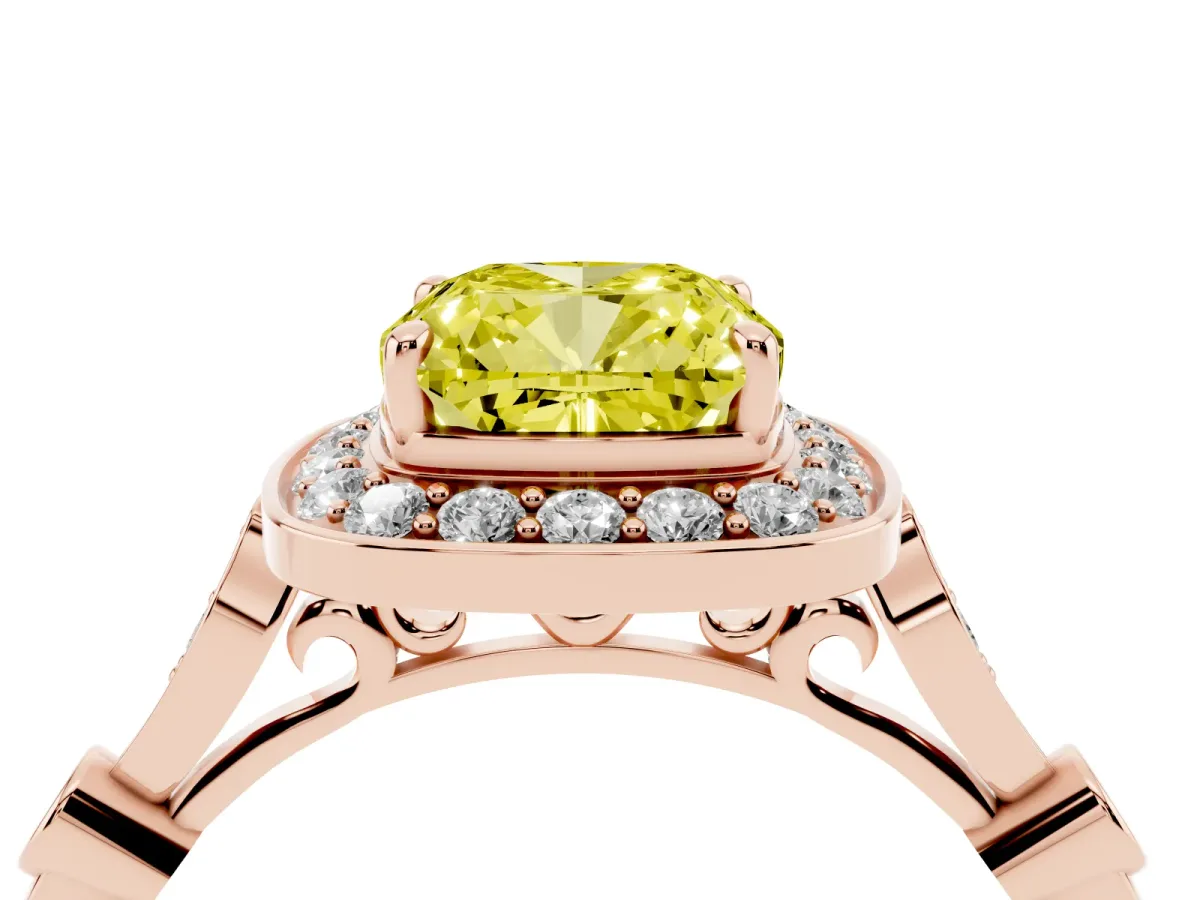 Fancy Yellow Cushion Cut Halo Diamond Engagement Ring with Twisted Band and Four-Prong Setting Rose gold
