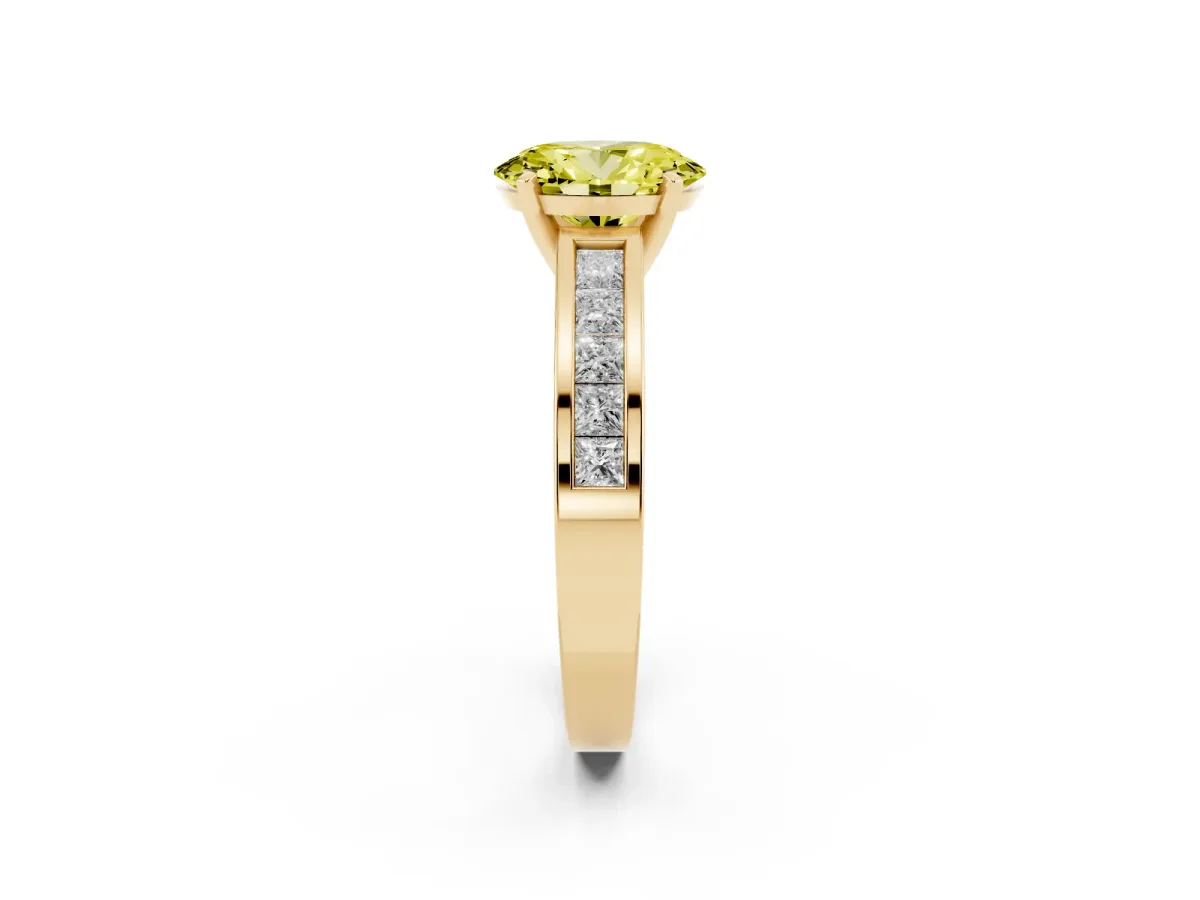 Fancy Yellow Oval Cut Solitaire Diamond Ring with Channel-Set Band and Four-Prong Setting Yellow gold