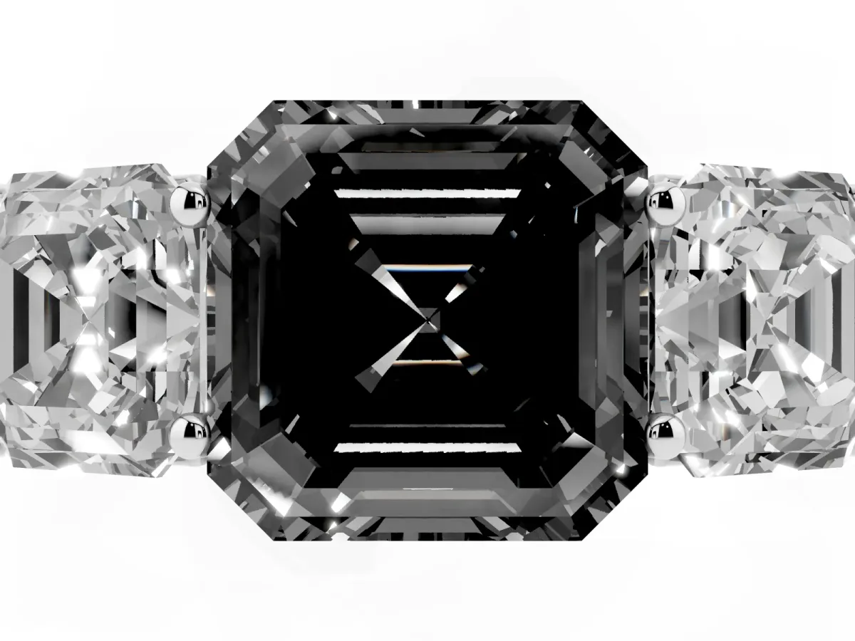 Fancy Black Asscher Cut Three-Stone Diamond Ring with Prong Setting on a Classic Band Platinum