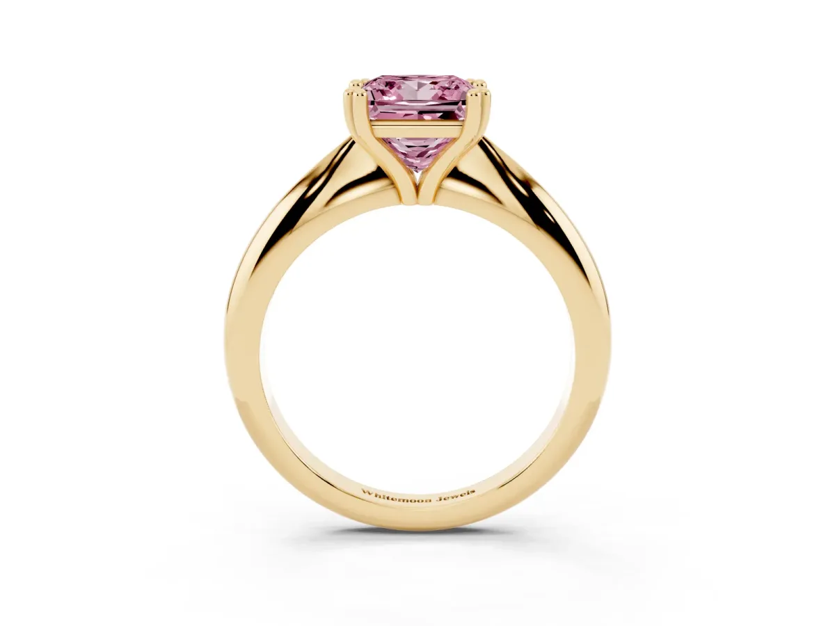 Fancy Pink Princess Cut Cut Solitaire Engagement Ring with Tapered Band and Four-Prong Setting Yellow gold