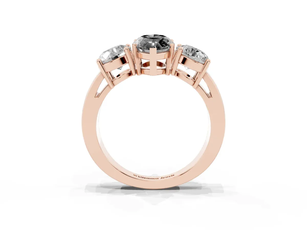 Fancy Black Three-Stone Marquise Cut Diamond Ring with Round Side Stones, Classic Band, and Four-Prong Setting Rose gold