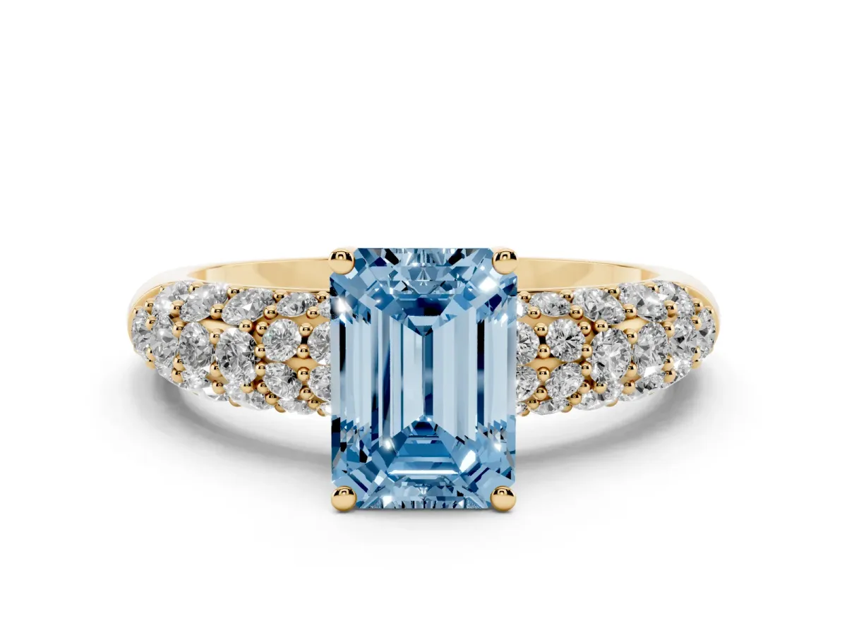 Fancy Blue Emerald Cut Diamond Pavé Band Solitaire Ring with Four-Prong Setting Yellow gold