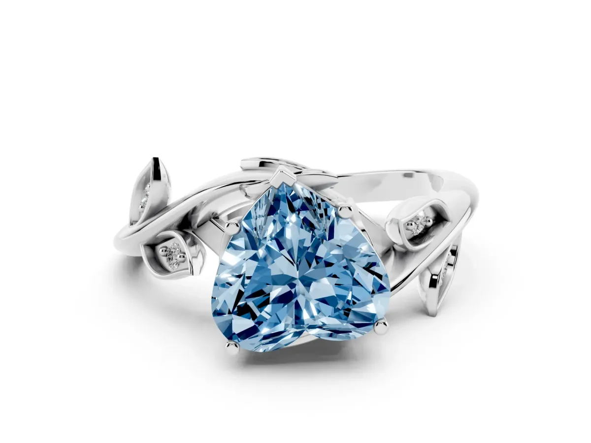 Fancy Blue Heart Cut Solitaire Twist Engagement Ring with Leaf Accents and Prong Setting White gold