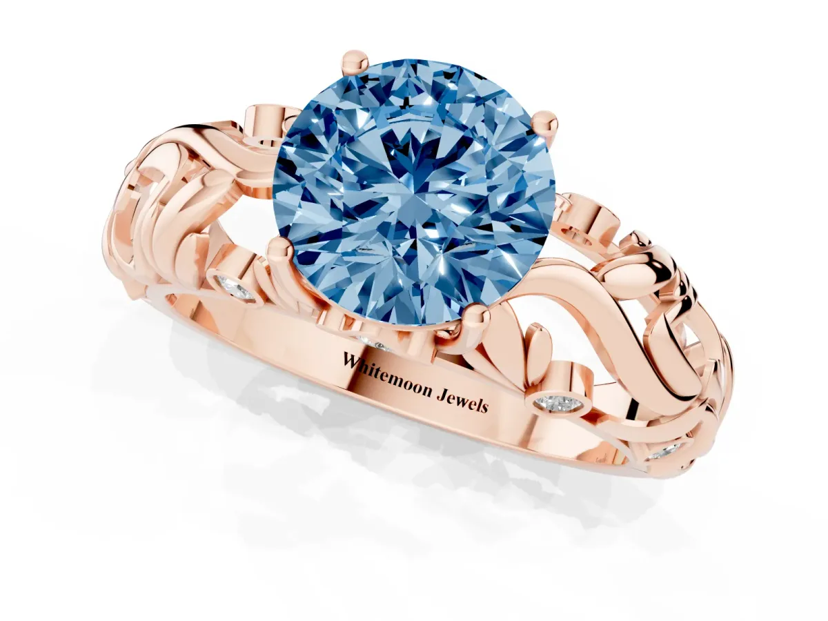 Fancy Blue Round Cut Solitaire Diamond Leaf-Inspired Vine Band Ring with Prong Setting Rose gold