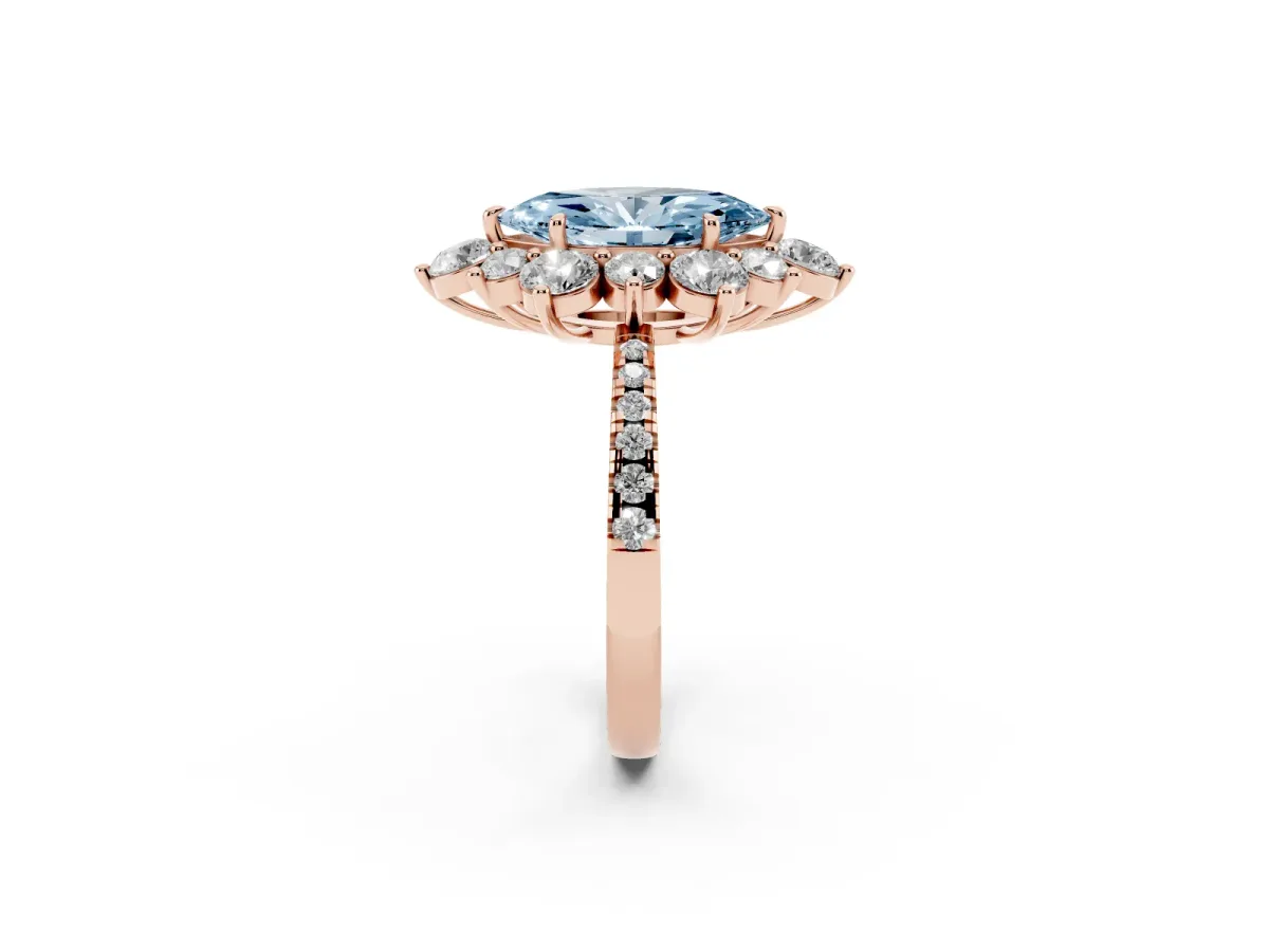 Fancy Blue Marquise Cut Diamond Floral Halo Ring with Round Pavé Band and Prong Setting Rose gold