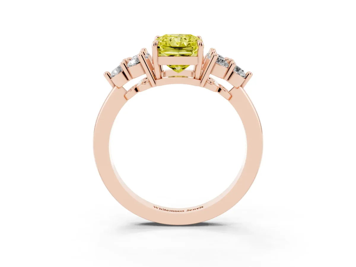 Fancy Yellow Radiant Cut Brilliant Diamond Cluster Accent Solitaire Ring with Prong Setting Rose gold