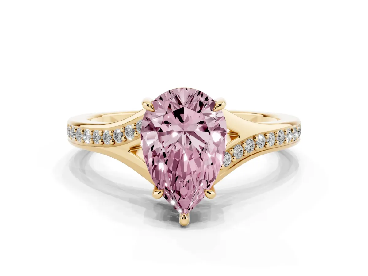Fancy Pink Pear Cut Diamond Solitaire Ring with Pavé Band and Prong Setting Yellow gold