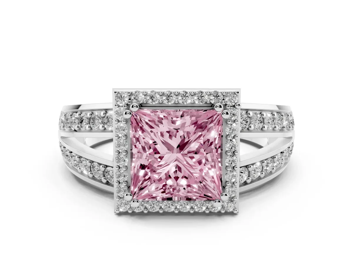 Fancy Pink Princess Cut Diamond Halo Ring with Split Shank Pavé Band and Four-Prong Setting Platinum