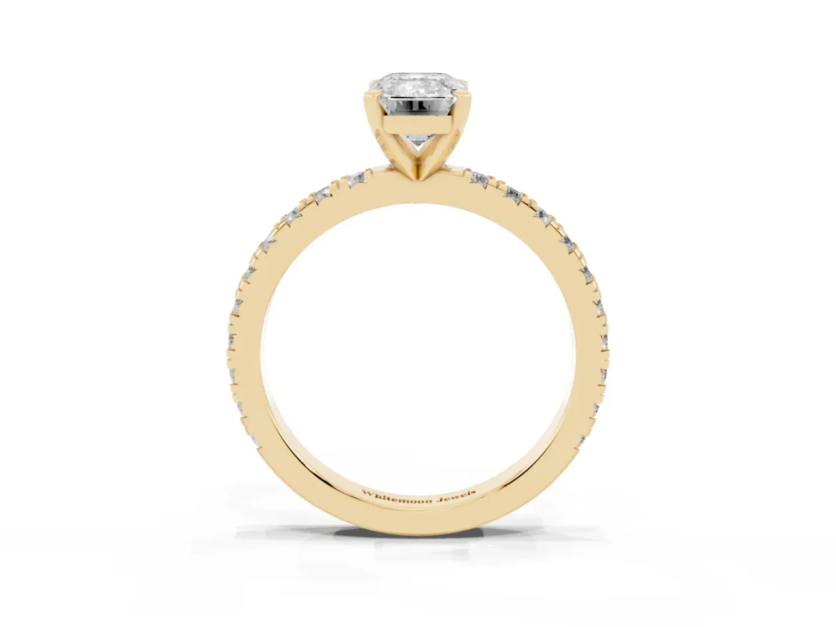 Emerald Cut Diamond Pavé Band Solitaire with Four-Prong Setting Yellow gold