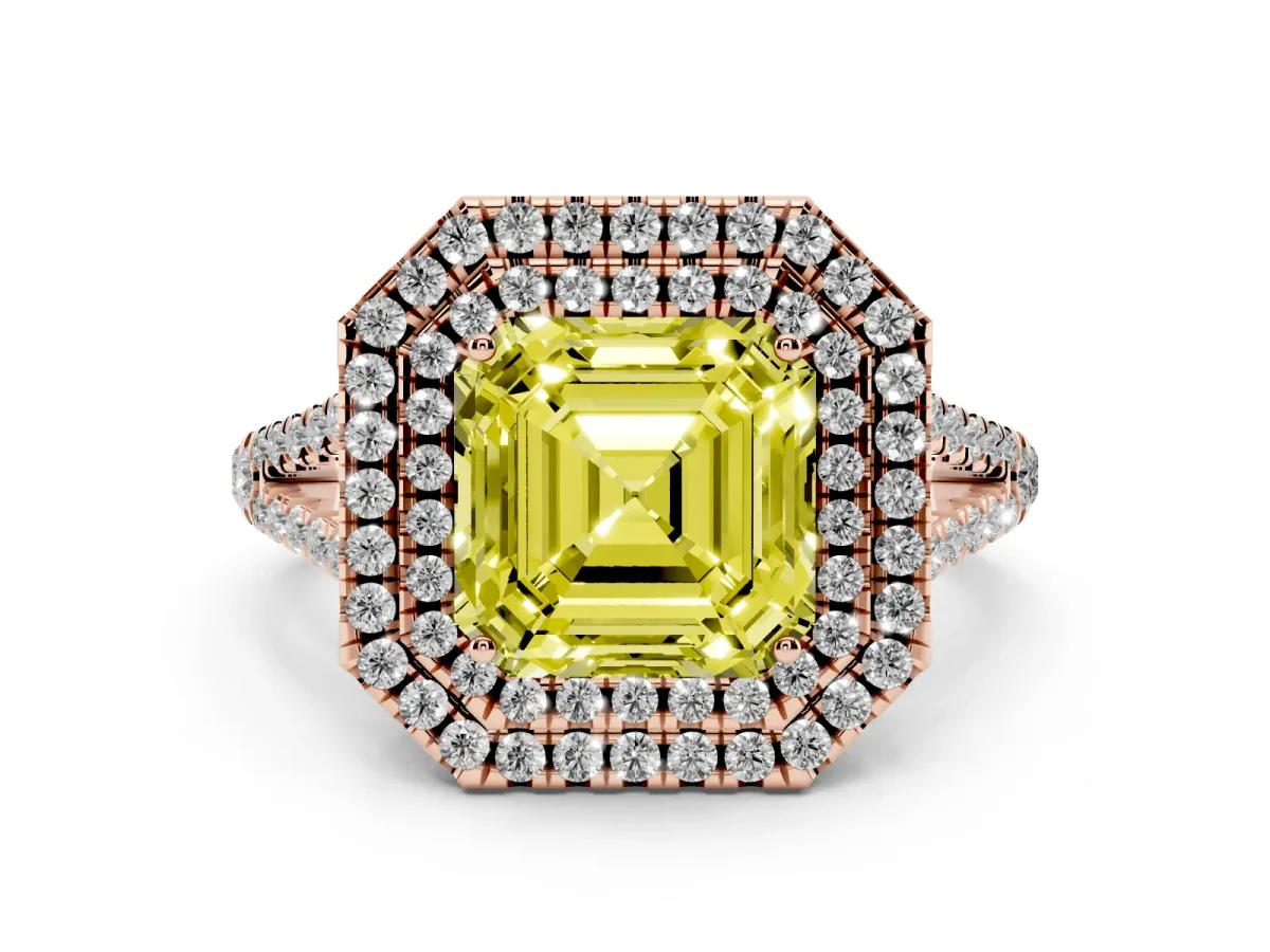 Fancy Yellow Asscher Cut Diamond Double Halo Ring with Pavé Band and Prong Setting Rose gold