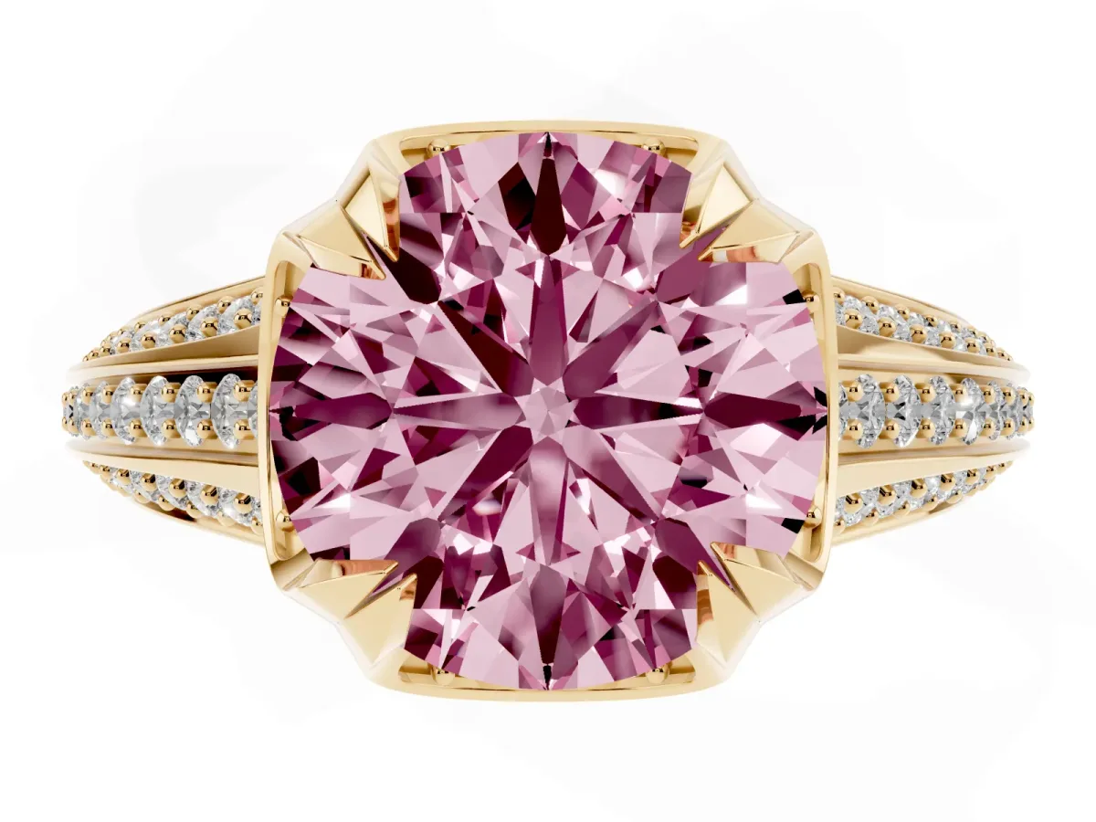 Fancy Pink Round Cut Solitaire Pave Split Shank Ring with Four-Prong Setting Yellow gold