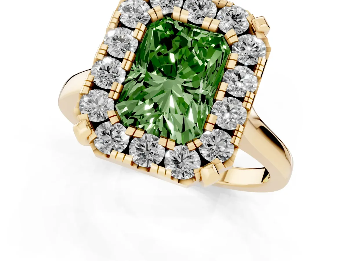 Fancy Green Radiant Cut Diamond Cluster Halo Solitaire with Four-Prong Setting Yellow gold