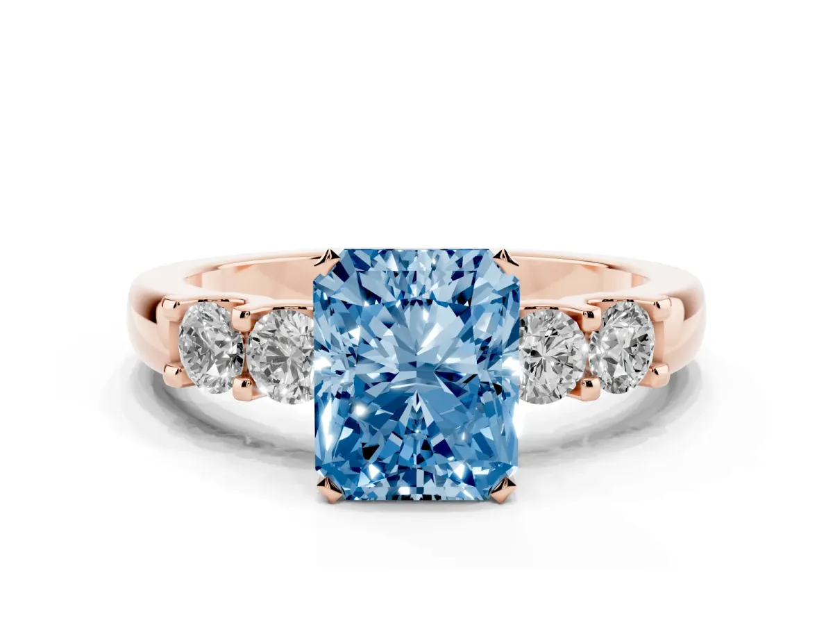 Fancy Blue Radiant Cut Brilliant Cut Diamond Five-Stone Prong Set Engagement Ring with Channel Band Rose gold