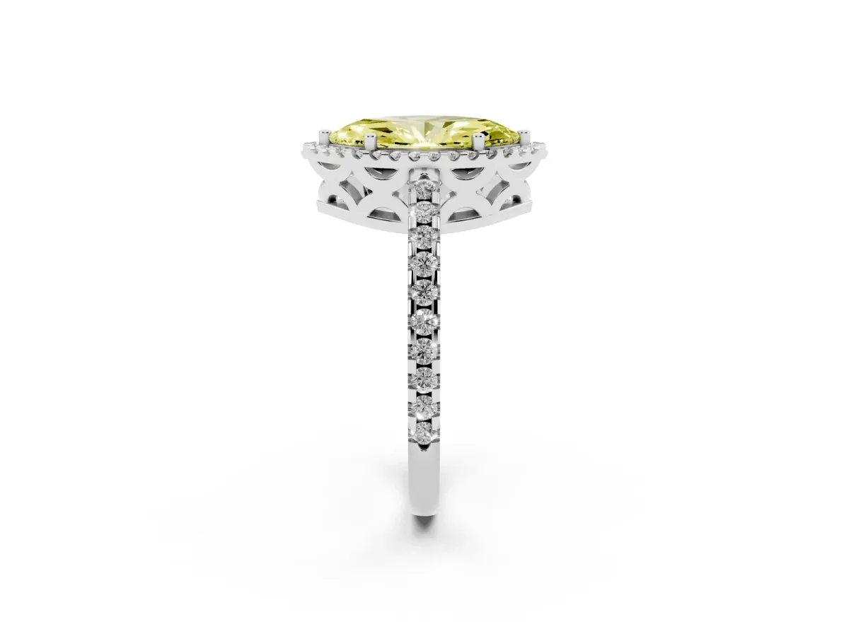 Fancy Yellow Marquise Cut Diamond Halo Engagement Ring with Pavé Band and Prong Setting White gold