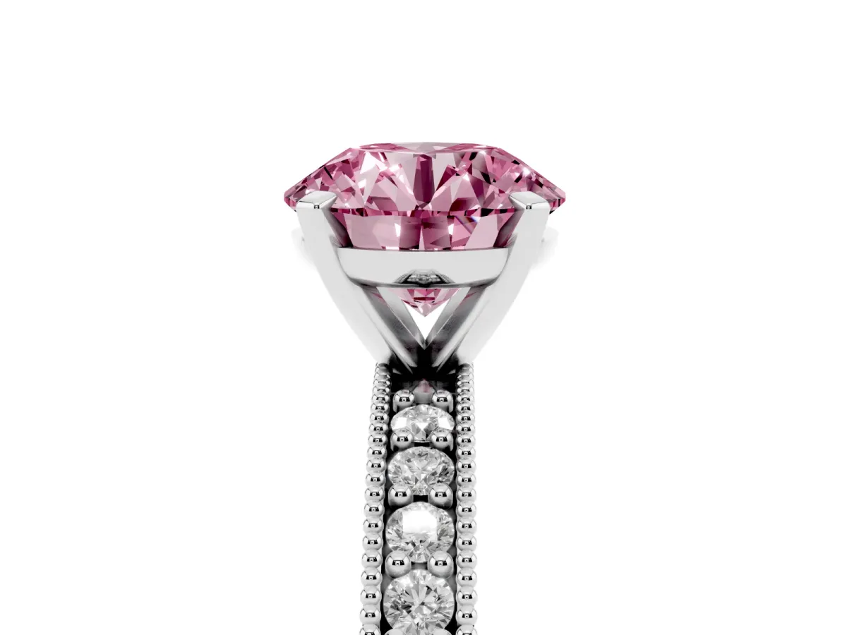 Fancy Pink Round Cut Diamond Milgrain Pavé Engagement Ring with Four-Prong Setting Silver