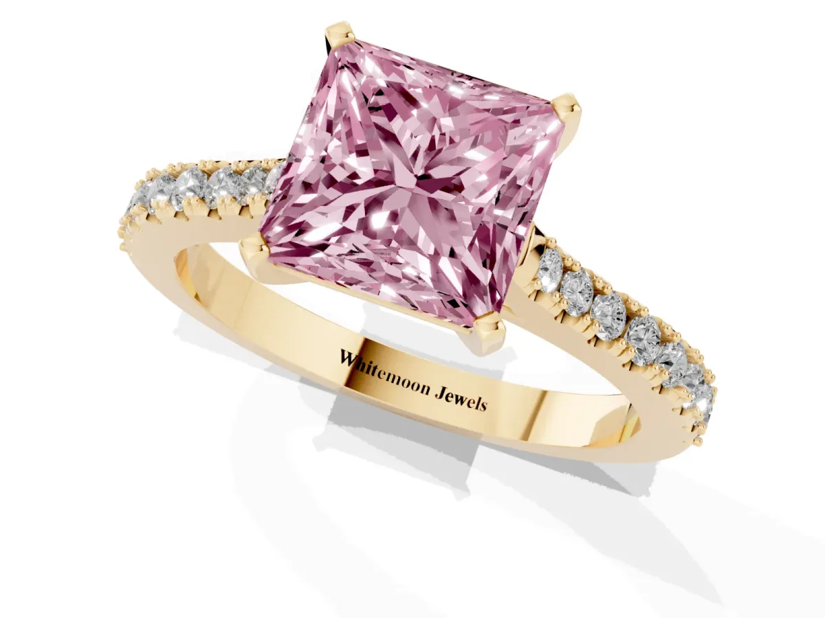 Fancy Pink Princess Cut Cut Solitaire Diamond Engagement Ring with Pave Band and Four-Prong Setting Yellow gold