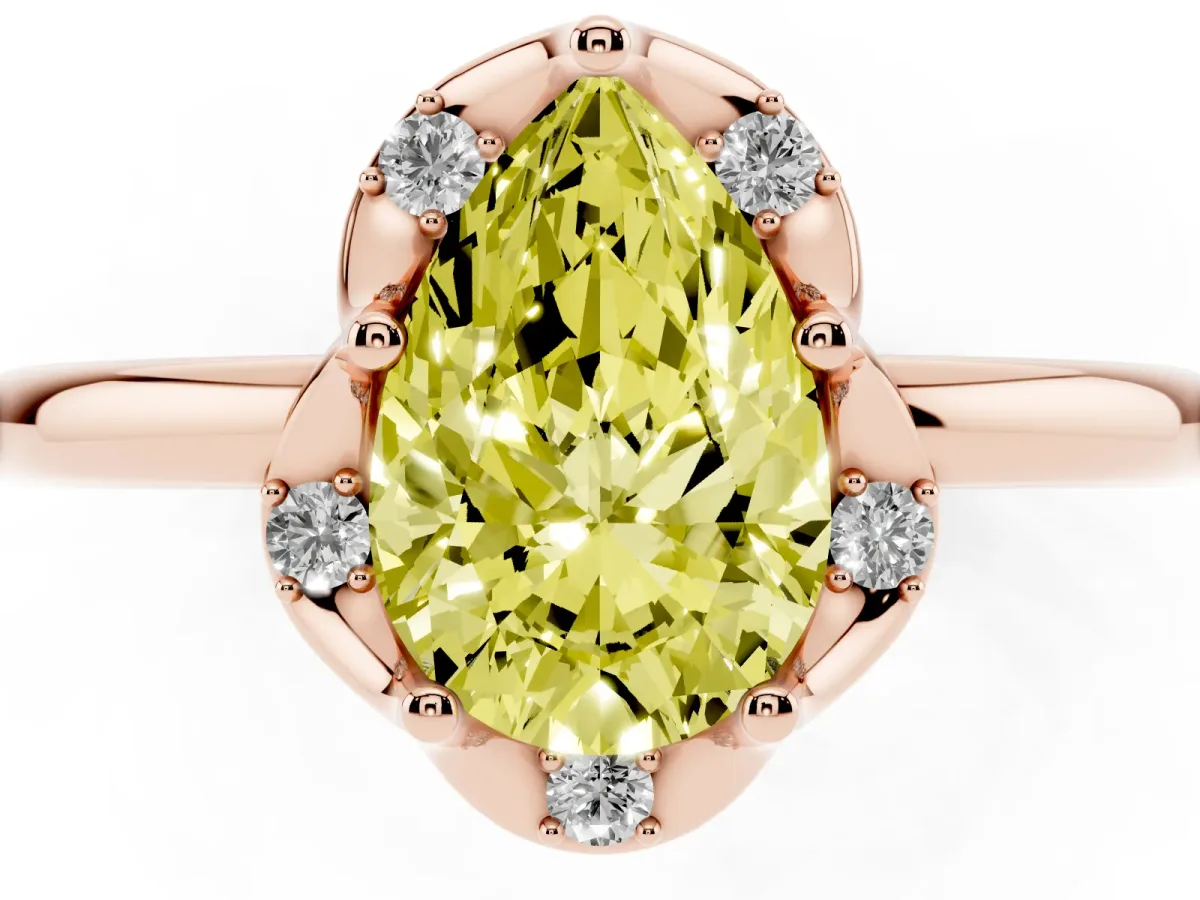 Fancy Yellow Pear Cut Halo Diamond Ring with Round Cluster Setting, Solitaire Band, and Four-Prong Setting Rose gold