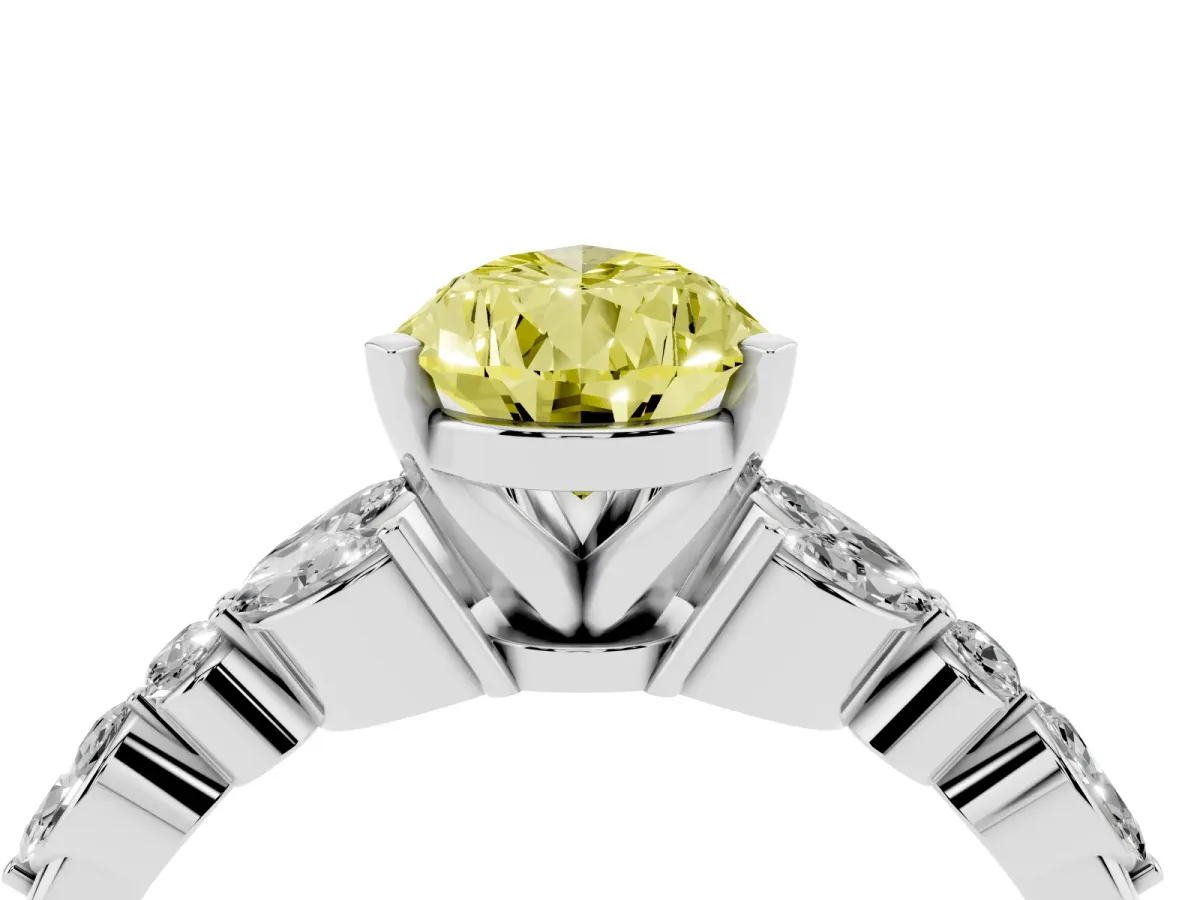 Fancy Yellow Pear Cut Diamond Solitaire Ring with Side Stones and Four-Prong Setting Platinum
