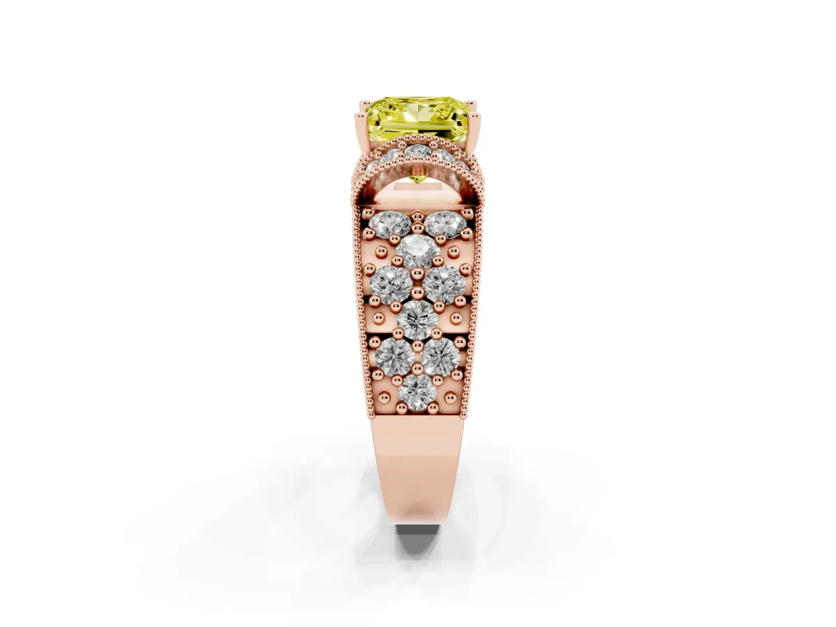Fancy Yellow Princess Cut Halo Pave Diamond Engagement Ring with Milgrain Detailing Rose gold