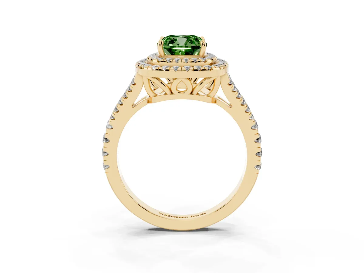 Fancy Green Cushion Cut Diamond Double Halo Ring with Pavé Band and Prong Setting Yellow gold