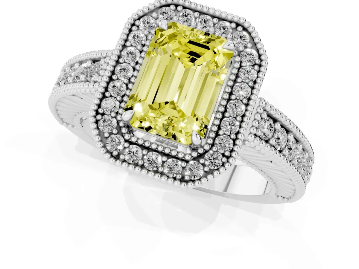 Fancy Yellow Emerald Cut Cut Halo Diamond Ring with Pavé Band and Four-Prong Setting White gold