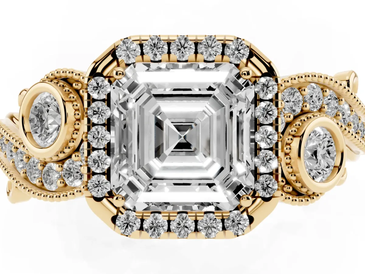 Asscher Cut Diamond Halo Ring with Milgrain Pavé Band and Four-Prong Setting Yellow gold