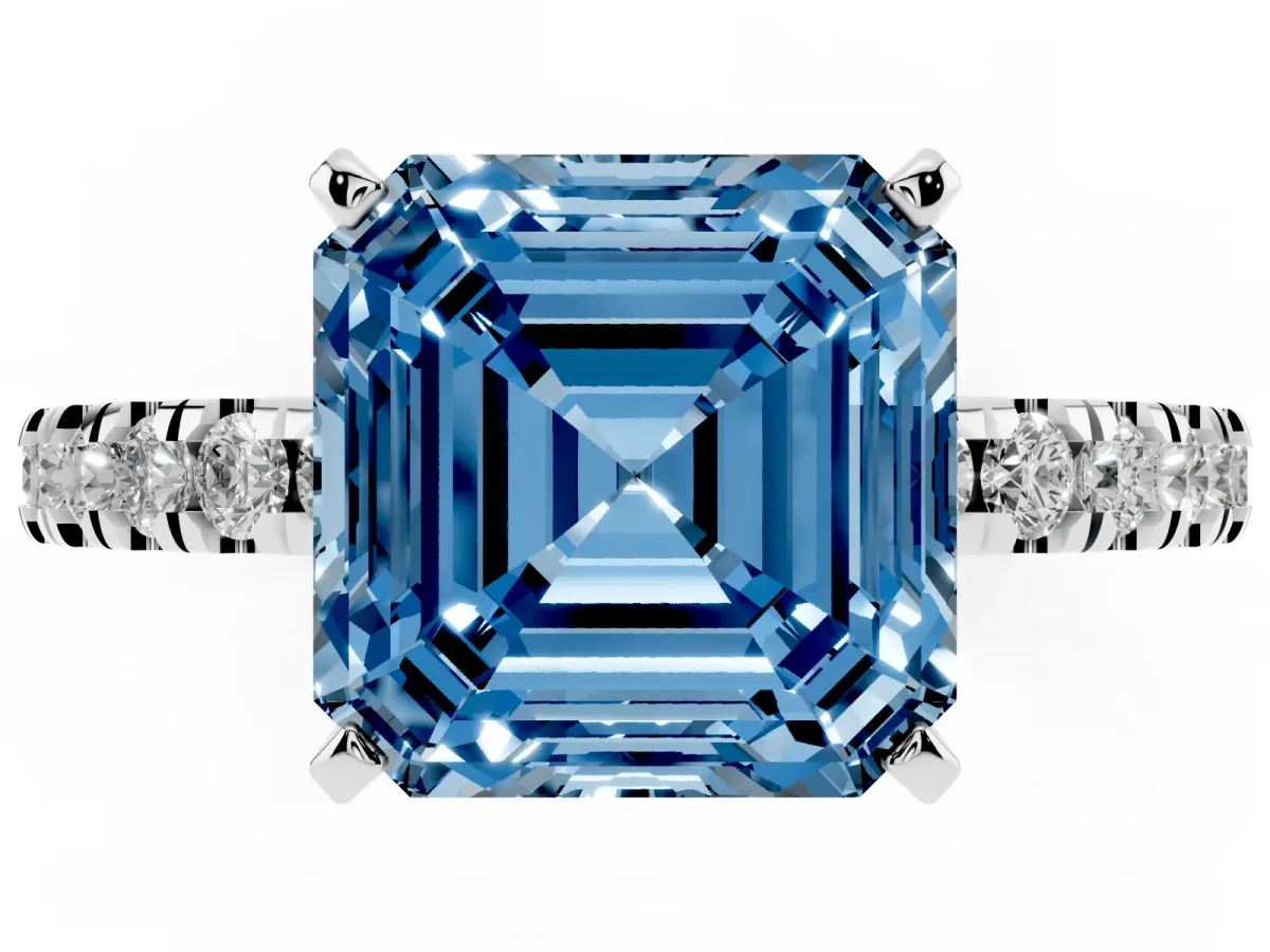 Fancy Blue Asscher Cut Solitaire Diamond with Pavé Band and Four-Prong Setting Silver
