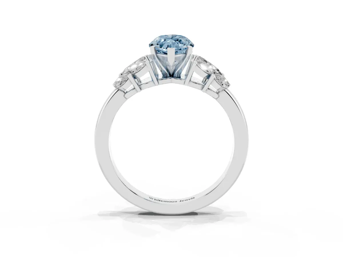 Fancy Blue Marquise Cut Diamond Cluster Leaf Design Ring with Prong Setting Silver