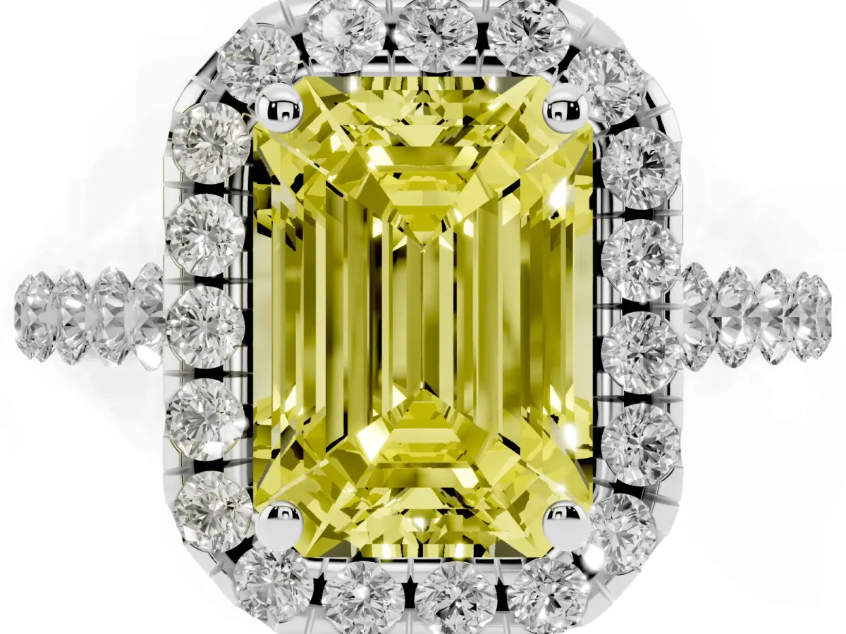 Fancy Yellow Emerald Cut Halo Pavé Diamond Engagement Ring with Four-Prong Setting White gold