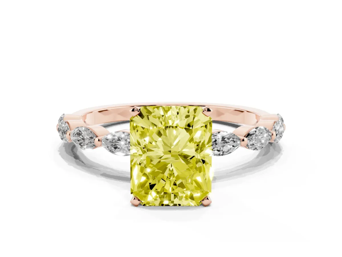 Fancy Yellow Radiant Cut Diamond Ring with Marquise Side Stones and Prong Setting Rose gold