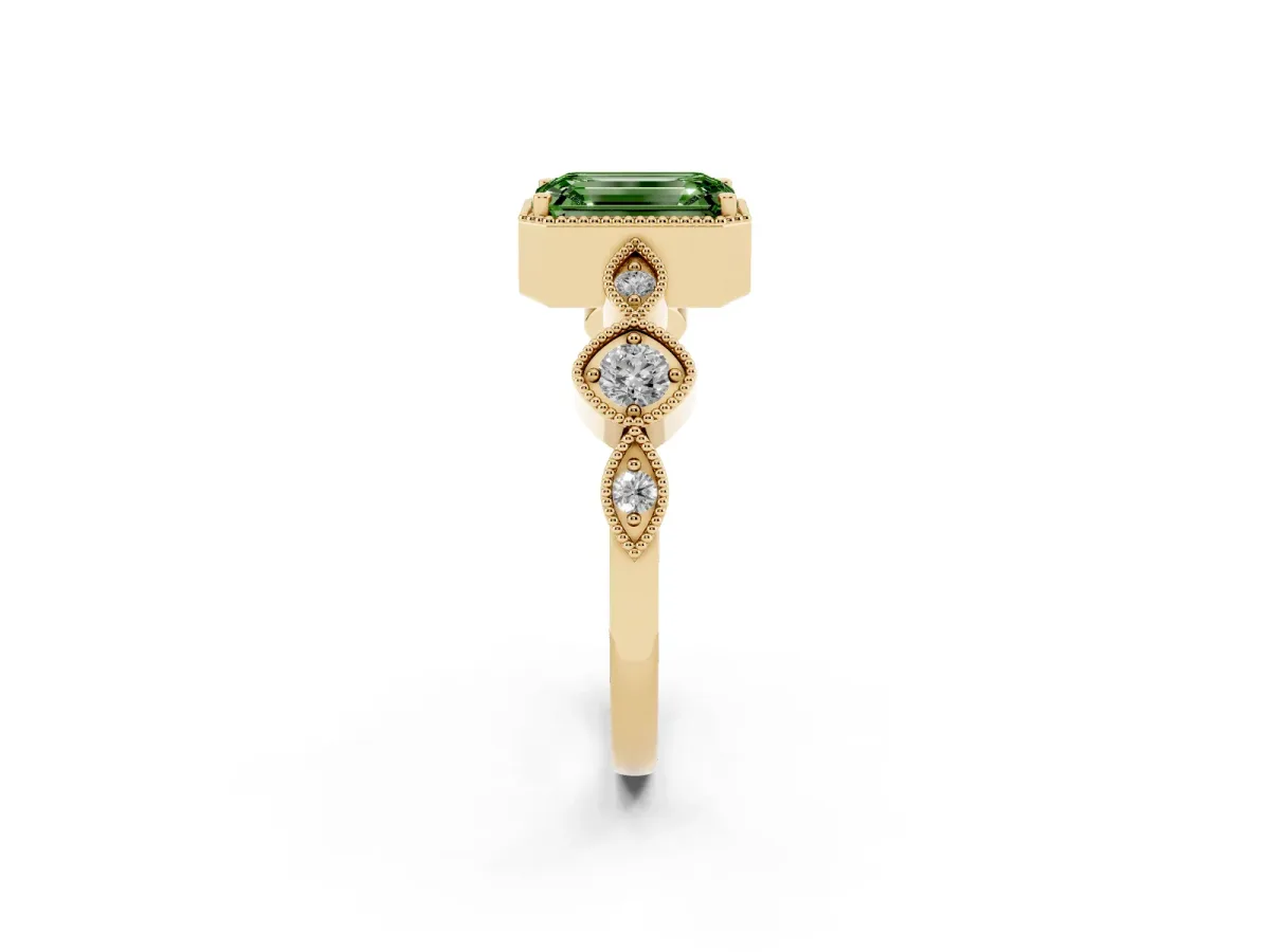 Fancy Green Emerald Cut Diamond Vintage Milgrain Ring with Round Stations Yellow gold